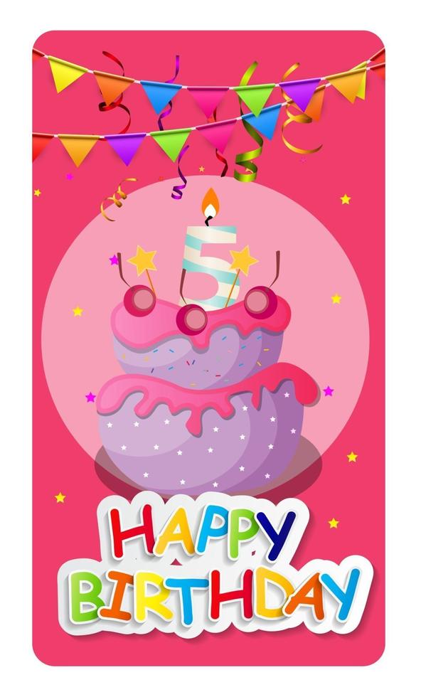 Happy Birthday Card Baner Background  with Cake and Flags. Vector Illustration