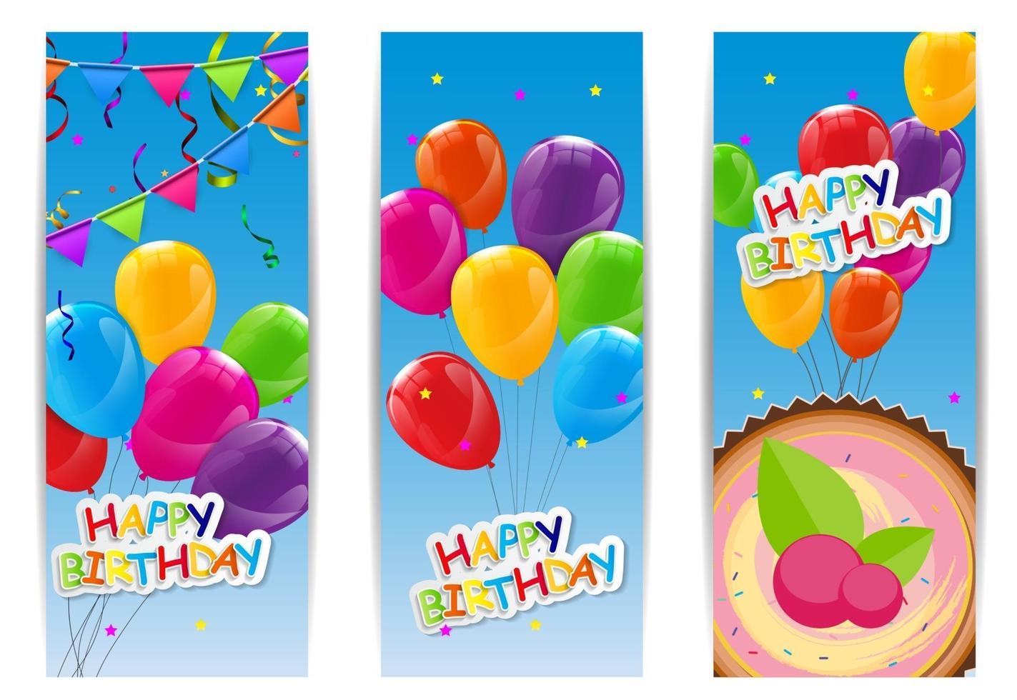 Color Glossy Happy Birthday Balloons and Cake Banner Background Vector Illustration