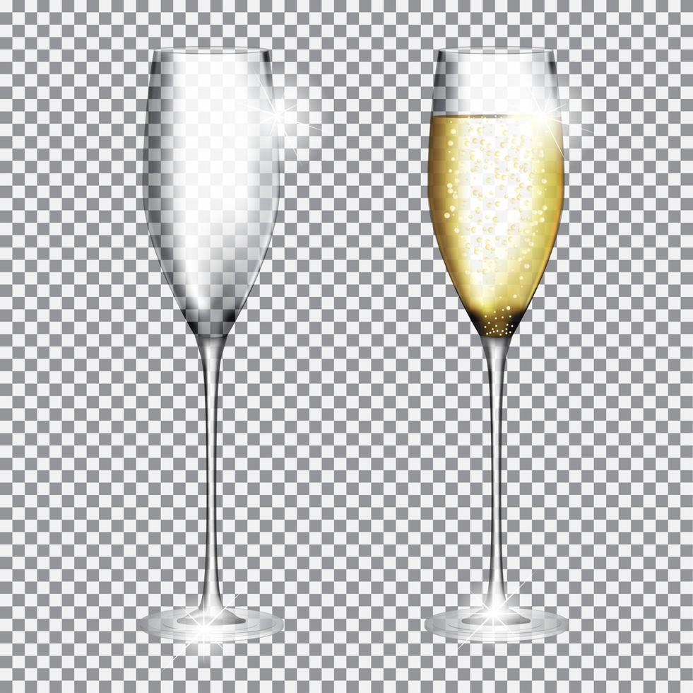 Glass of Champagne Full and Empty on Transparent Background Vector Illustration