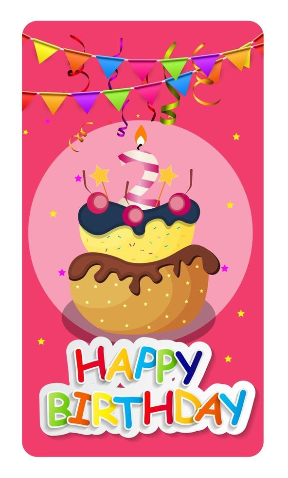 Happy Birthday Card Baner Background  with Cake and Flags. Vector Illustration