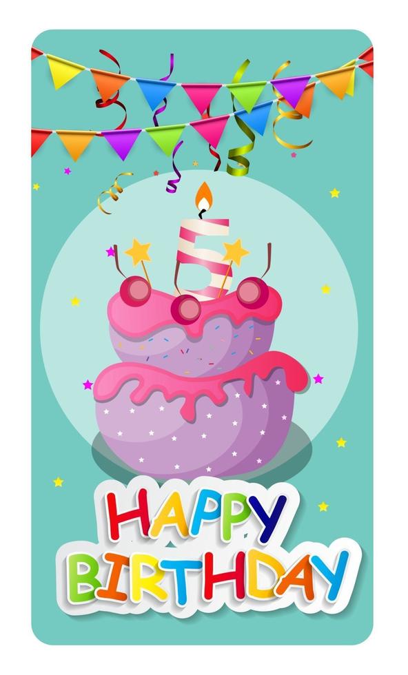 Happy Birthday Card Baner Background  with Cake and Flags. Vector Illustration