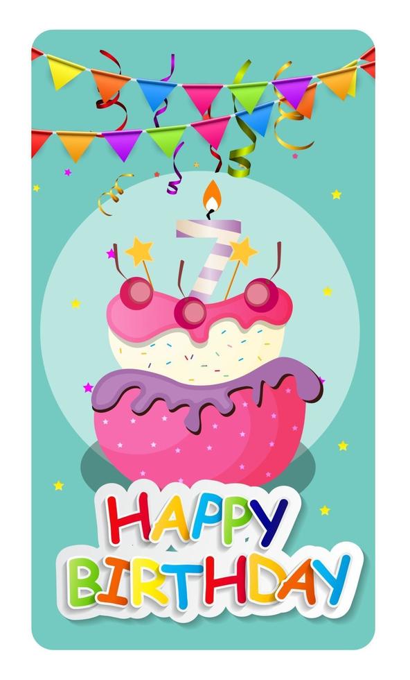 Happy Birthday Card Baner Background  with Cake and Flags. Vector Illustration