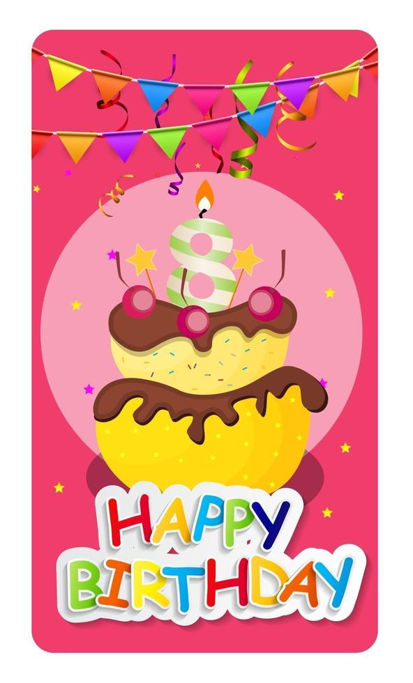 Happy Birthday Card Baner Background  with Cake and Flags. Vector Illustration