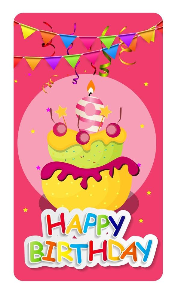 Happy Birthday Card Baner Background  with Cake and Flags. Vector Illustration