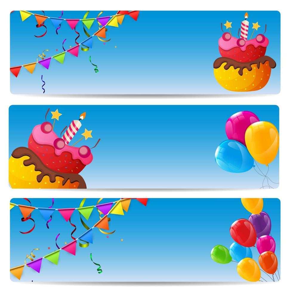 Color Glossy Happy Birthday Balloons and Cake Banner Background Vector Illustration