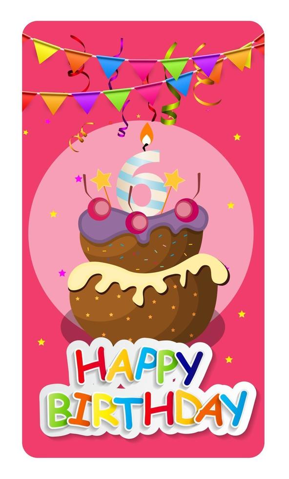 Happy Birthday Card Baner Background  with Cake and Flags. Vector Illustration