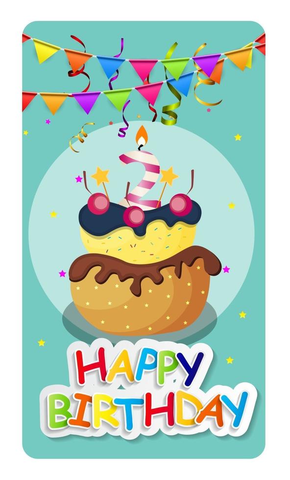 Happy Birthday Card Baner Background  with Cake and Flags. Vector Illustration