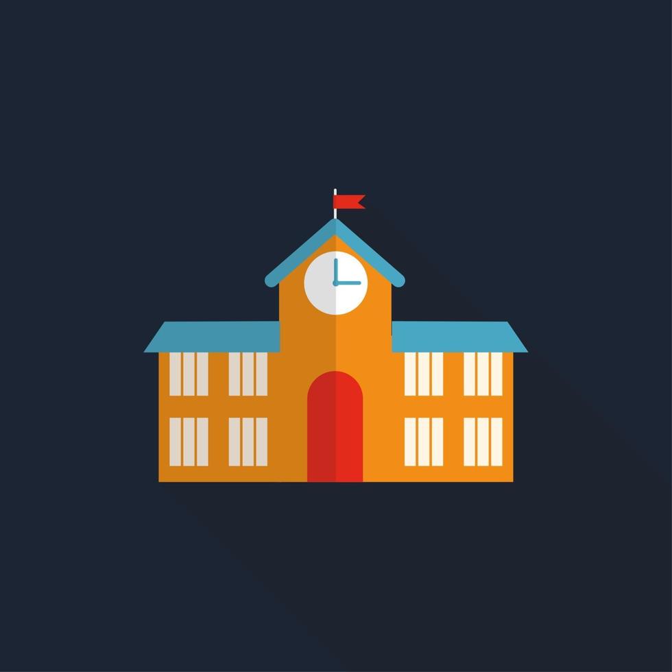 School Building Flat Icon with Long Shadow, Vector Illustration