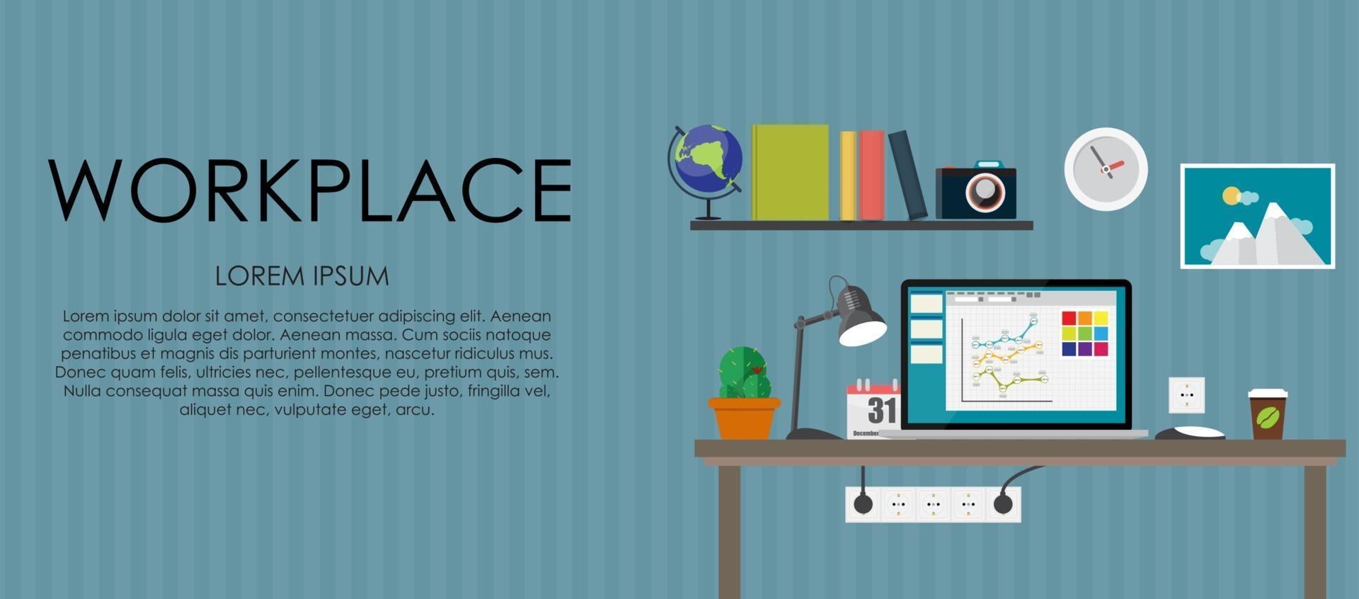 Workplace. Vector illustration. Flat computing background.