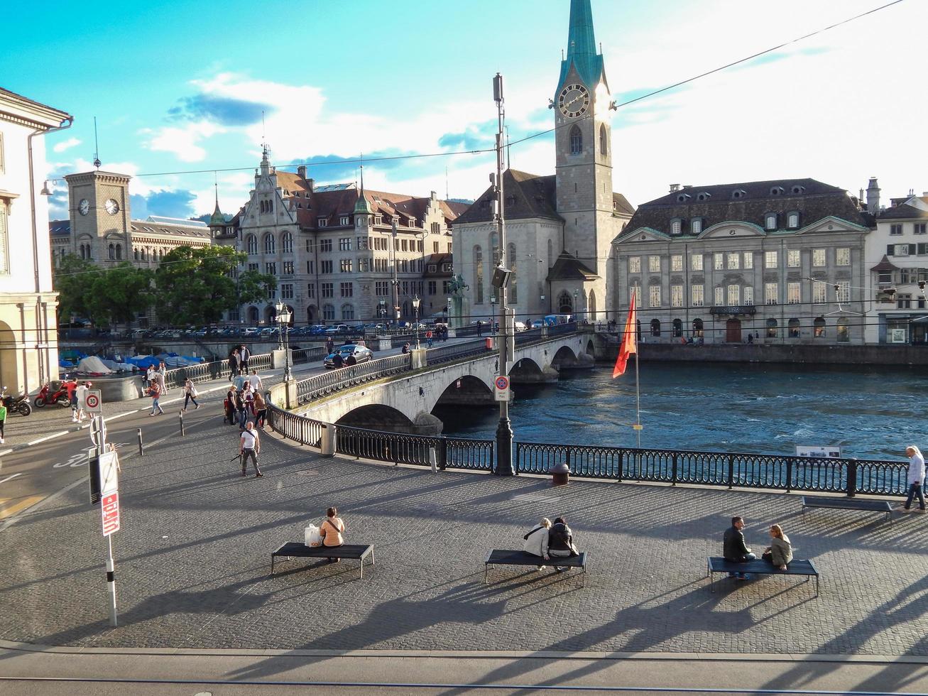 A view of the Limago river and the historic buildings in the morning in Zurich, Switzerland on June 17, 2016. photo