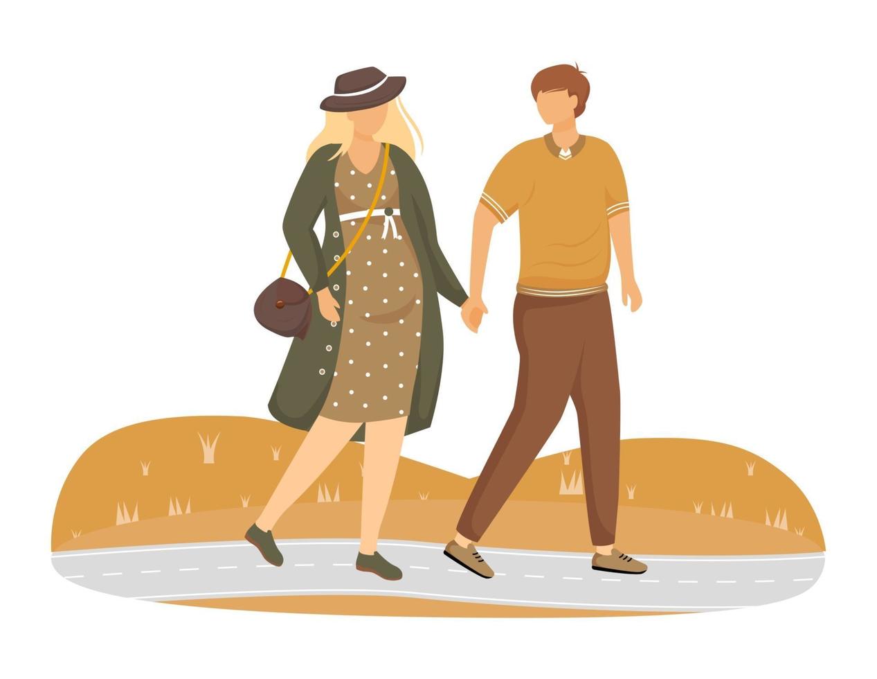 mujer embarazada y hombre caminando en el parque ilustración vectorial plana. familia preparándose para la paternidad. Pareja paseando esperando del bebé personajes de dibujos animados aislados sobre fondo blanco. vector