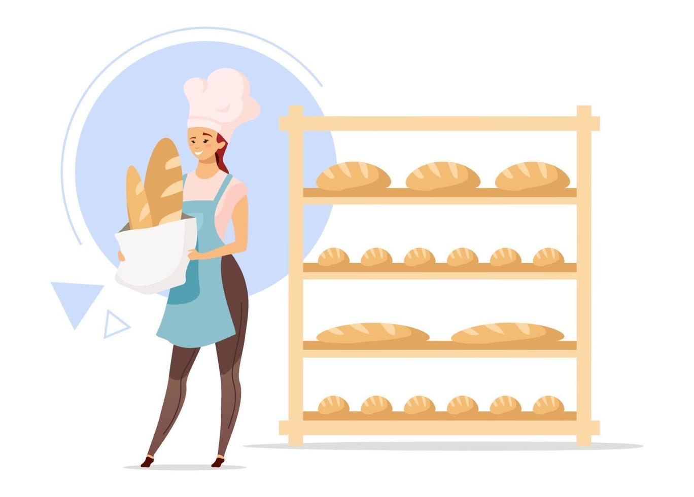 Ilustración de vector de color plano panadero femenino. mujer junto a estantes con productos horneados. producción de pan. pastelería. industria de alimentos. chica con gorro de cocinero. personaje de dibujos animados aislado sobre fondo blanco