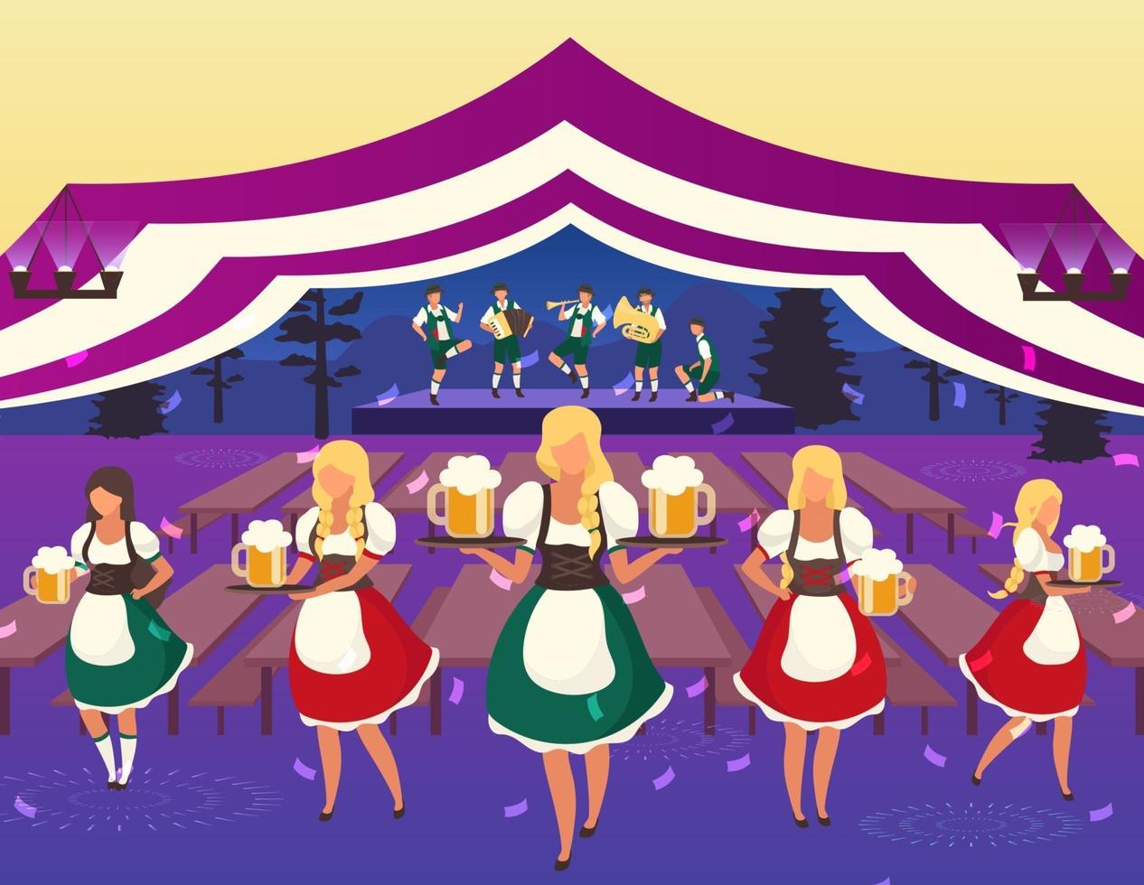 Oktoberfest flat vector illustration. Folk musical performance. Beer Festival. Waiters in national costumes serving drinks. Beer tent. Volksfest, october fest waitress cartoon characters