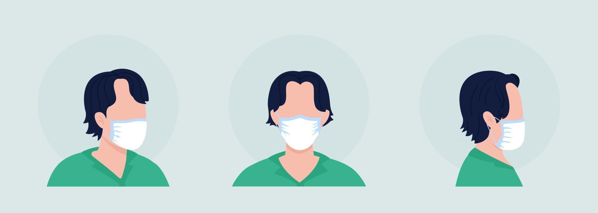 Dark haired semi flat color vector character avatar with mask set