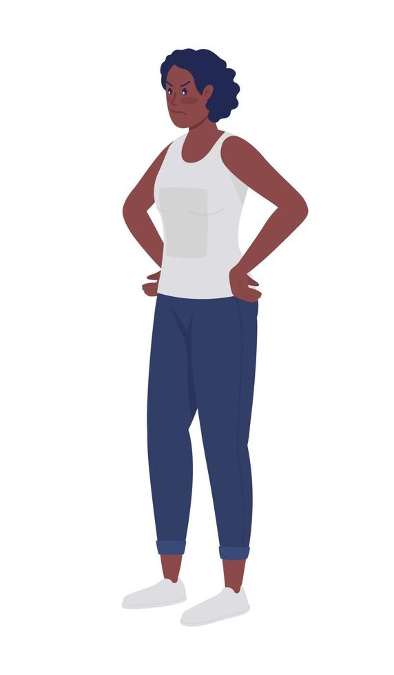 Upset woman with hands on hips semi flat color vector character