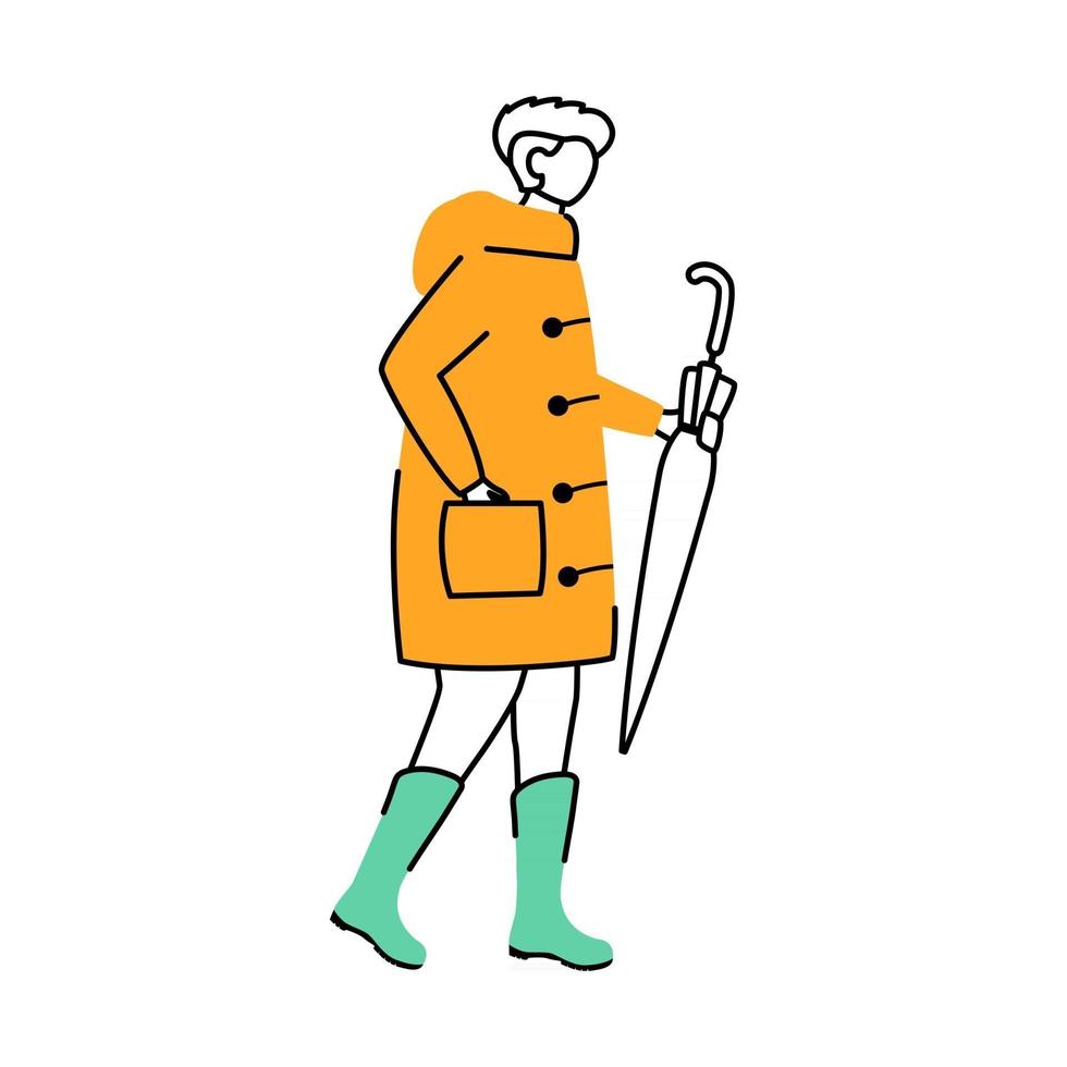 Man in raincoat flat contour vector illustration. Rainy weather. Male with umbrella in hand isolated cartoon outline character on white background. Walking guy in gumboots simple drawing