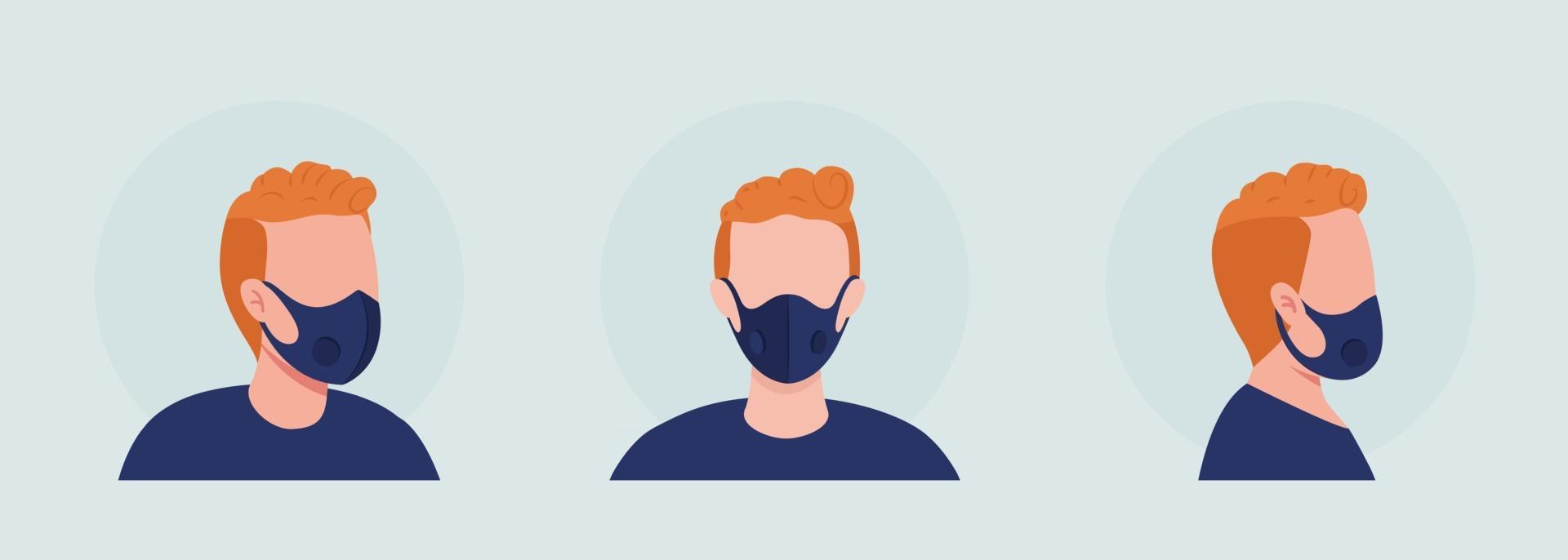 Red haired semi flat color vector character avatar with mask set