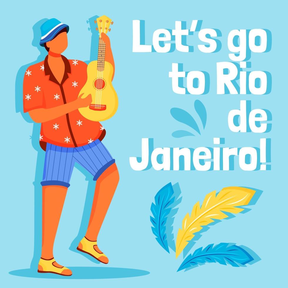 Brazil carnival social media post mockup. Lets go to Rio de Janeiro phrase. Web banner design template. Traditional music booster, content layout, inscription. Poster, print ads and flat illustration vector