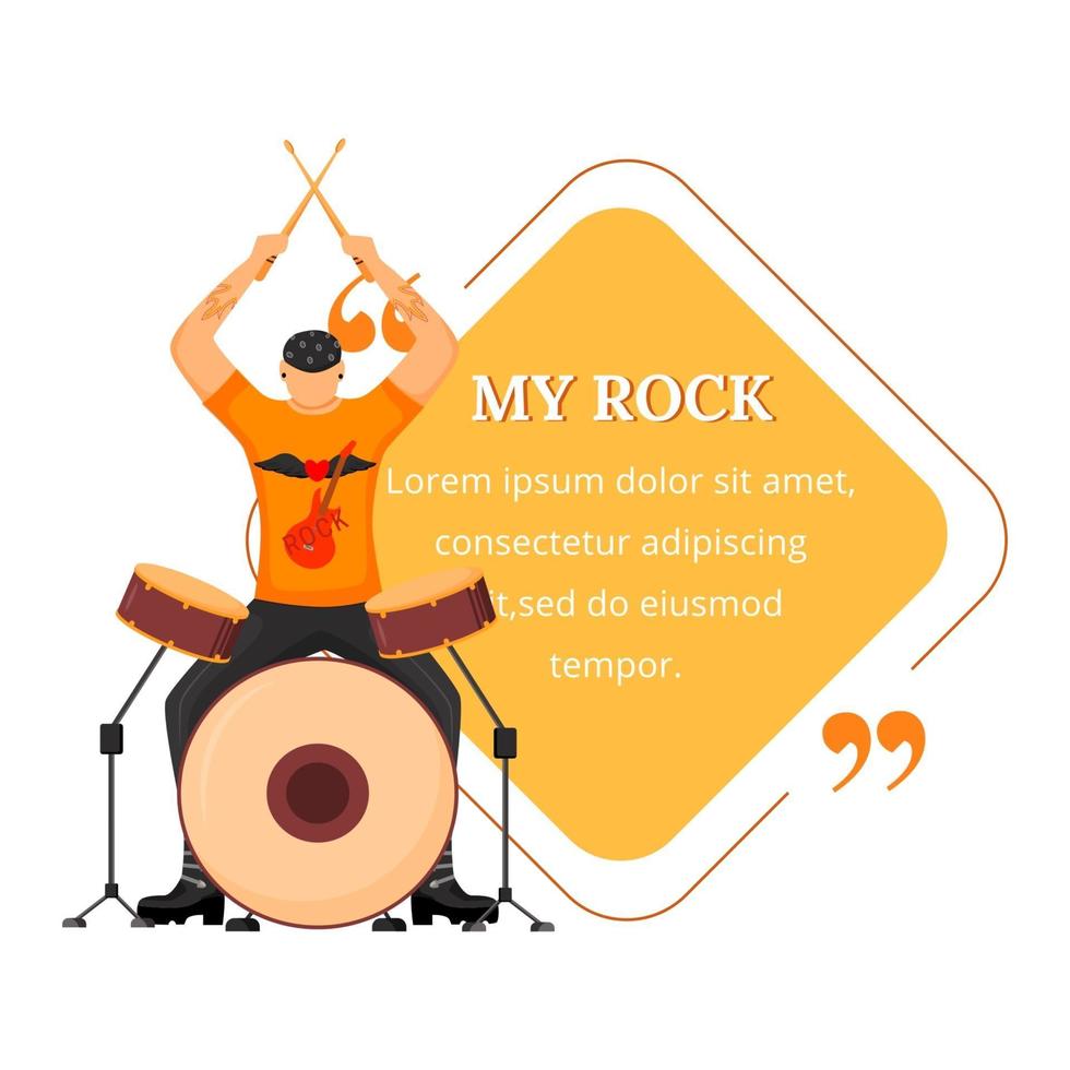 Drummer flat color vector illustration. Drum player. Rock musician. Isolated cartoon character. Quote blank frame template. Rhomb shaped yellow speech bubble. Quotation, citation text box design.
