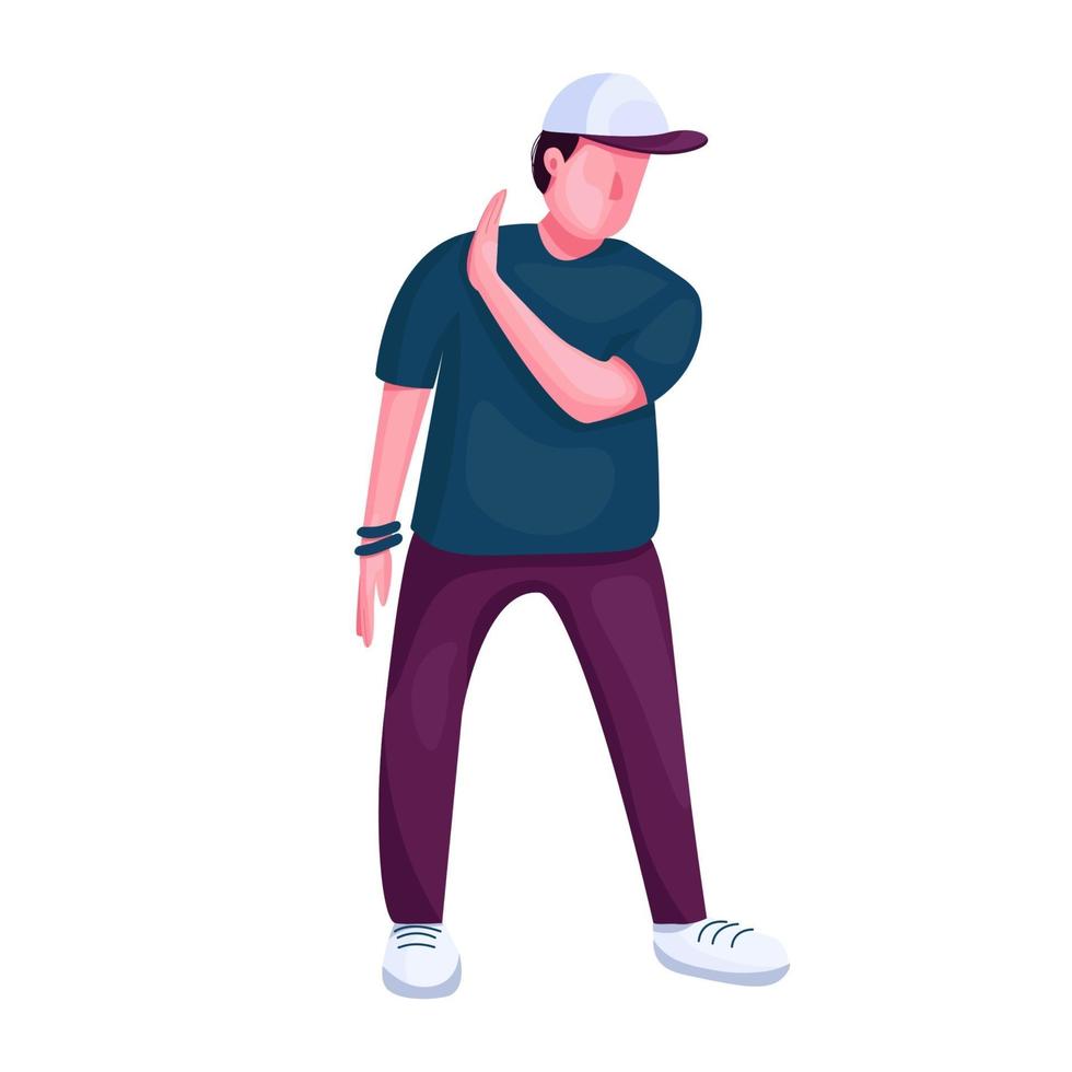 adolescente bailando personaje sin rostro de vector de color plano. chico elegante que muestra el gesto de rechazar. Ilustración de dibujos animados aislados de ejecutante de break dance moderno para diseño gráfico y animación web