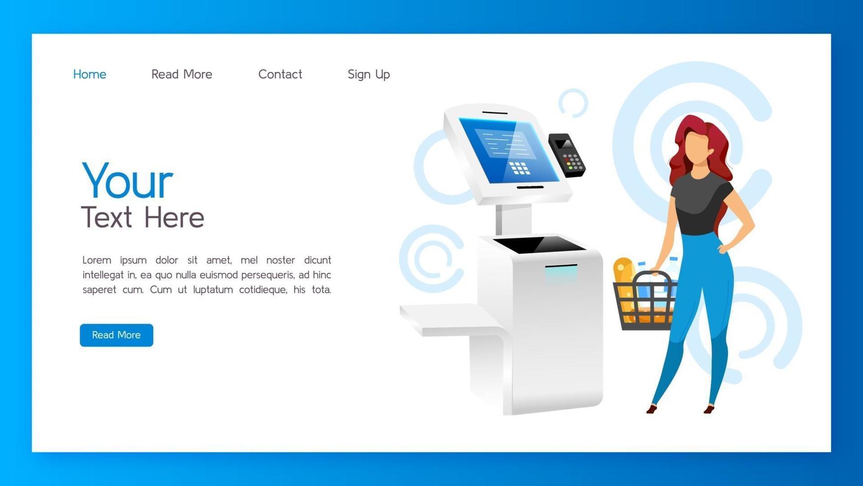 Store self service kiosk landing page vector template. Payment machine website interface idea with flat illustrations. Digital banking homepage layout. Shopping pay pass terminal web banner