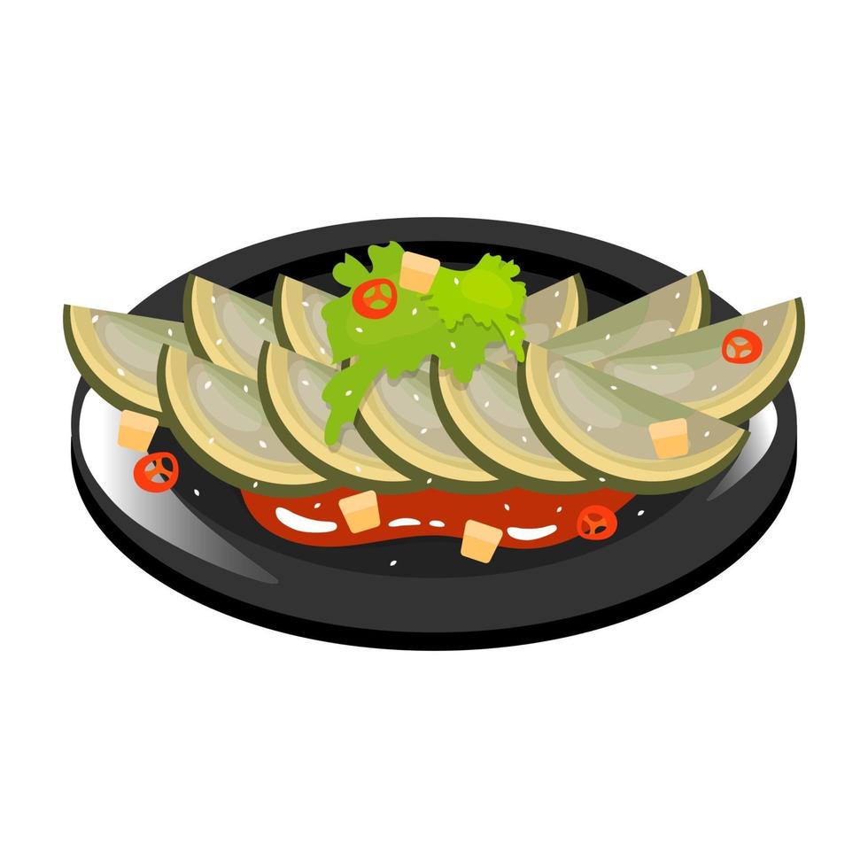 Chinese century egg color icon. Asian dish on black plate. Eastern traditional cuisine. Delicacy food with seasoning. Green dumplings with meat and vegetables. Isolated vector illustration