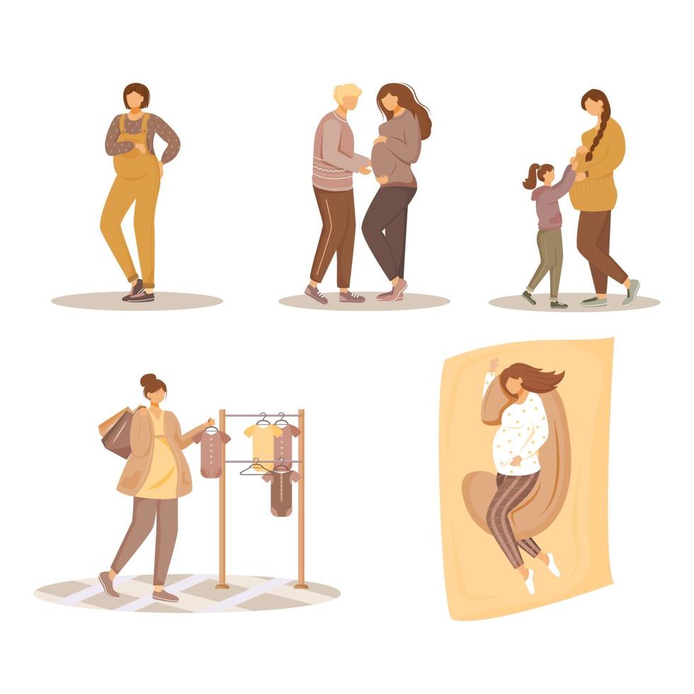 Pregnancy flat vector illustrations set. Maternity, preparation and gestation. Young women and their families waiting of baby isolated cartoon caucasian characters on white background