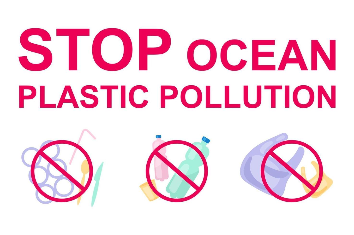 Stop plastic pollution in ocean flat concept icons set. Ecology protection. Waste reduce and refuse. No plastic stickers, cliparts pack. Isolated cartoon illustrations on white background vector