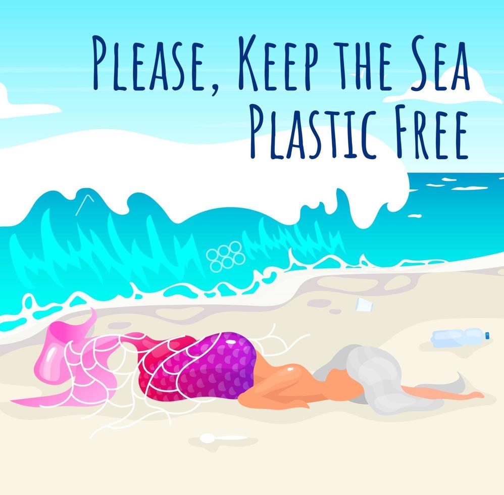 Keep sea plastic free social media post mockup. Dead mermaid on beach. Advertising web banner design template. Social media booster, content layout. Promotion poster, print ads with flat illustrations vector