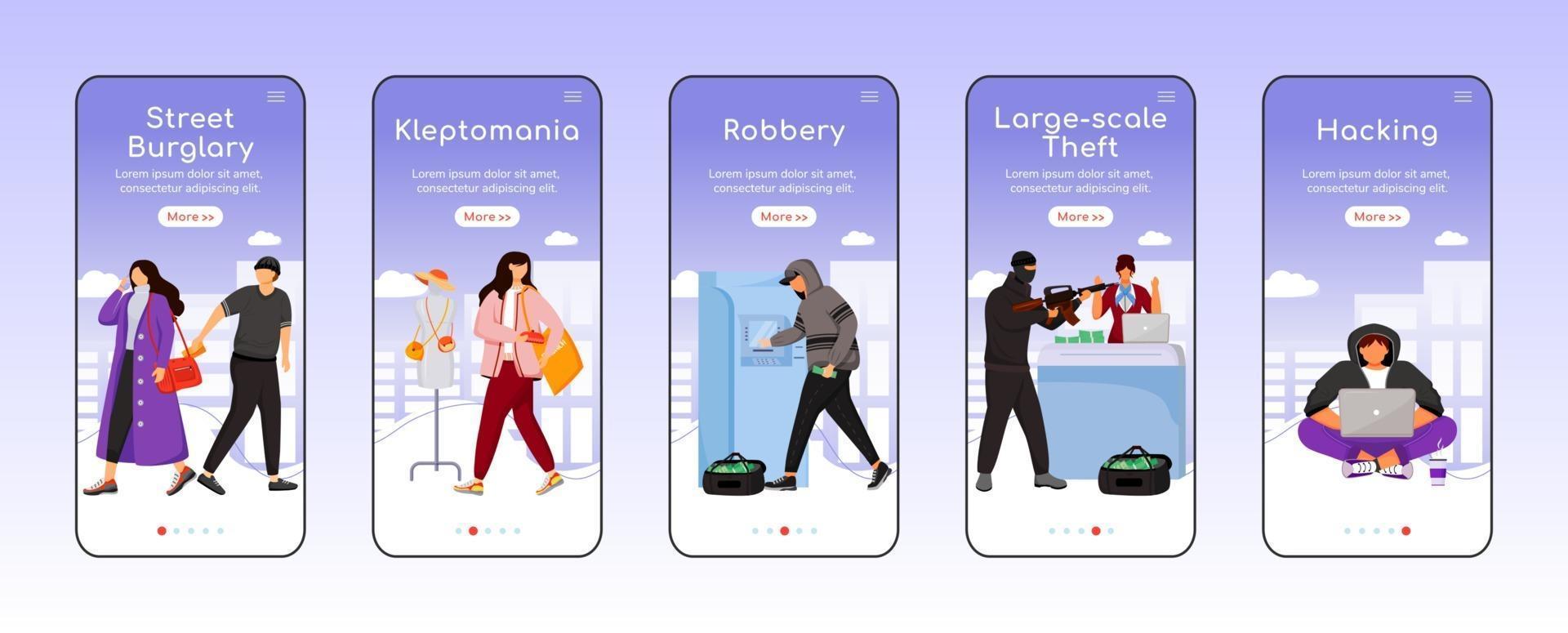 Criminal acts onboarding mobile app screen flat vector template. Property, money theft. Robbery. Walkthrough website steps with characters. UX, UI, GUI smartphone cartoon interface, case prints set