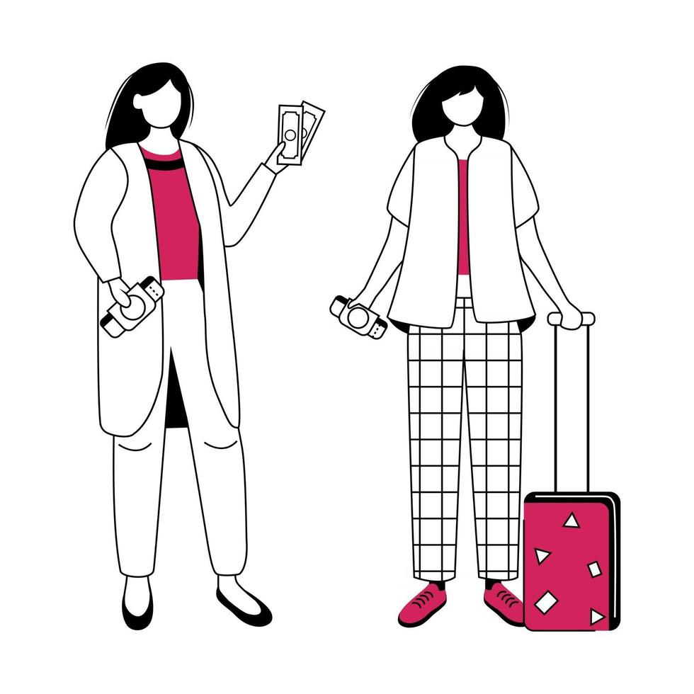 Preparation for vacation, holiday, trip flat contour vector illustration. Voyage with friend. Cheap travel idea isolated cartoon outline character on white background. Budget tourism simple drawing