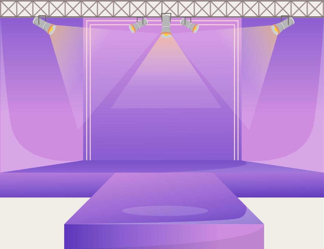 Violet runway platform flat color vector illustration. Empty podium stage. Catwalk with spotlights. Fashion week demonstration area. Presentation of new collection. Fashion shows background