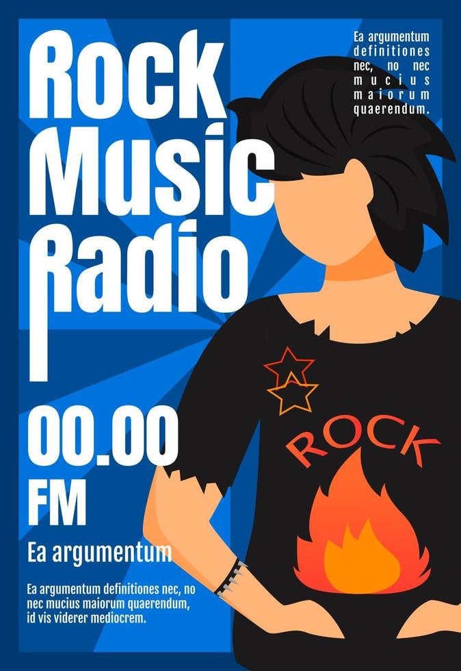 Plantilla de folleto de radio de música rock. folleto, folleto, concepto de folleto con ilustración plana. diseño de dibujos animados de página de vector para revista. invitación publicitaria con espacio de texto