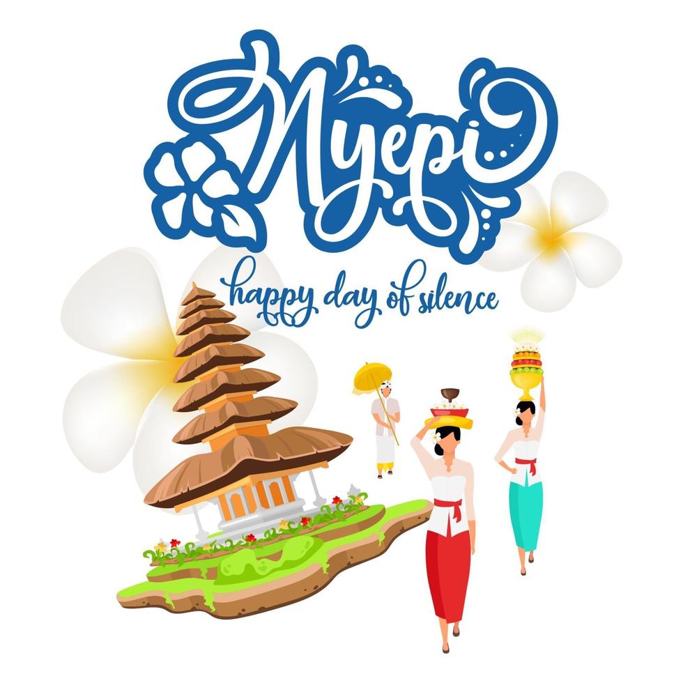 Nyepi social media post mockup. Day of scilence. Pura Ulun Danu Bratan. Advertising web banner design template. Social media booster, content layout. Promotion poster, print ads, flat illustrations vector