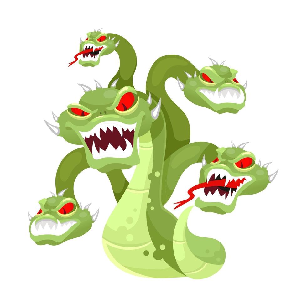 Hydra flat vector illustration. Mythological creature. Multi-head monster. Serpent, venomous snake with many heads. Greek mythology. Fantastical beast isolated cartoon character on white background