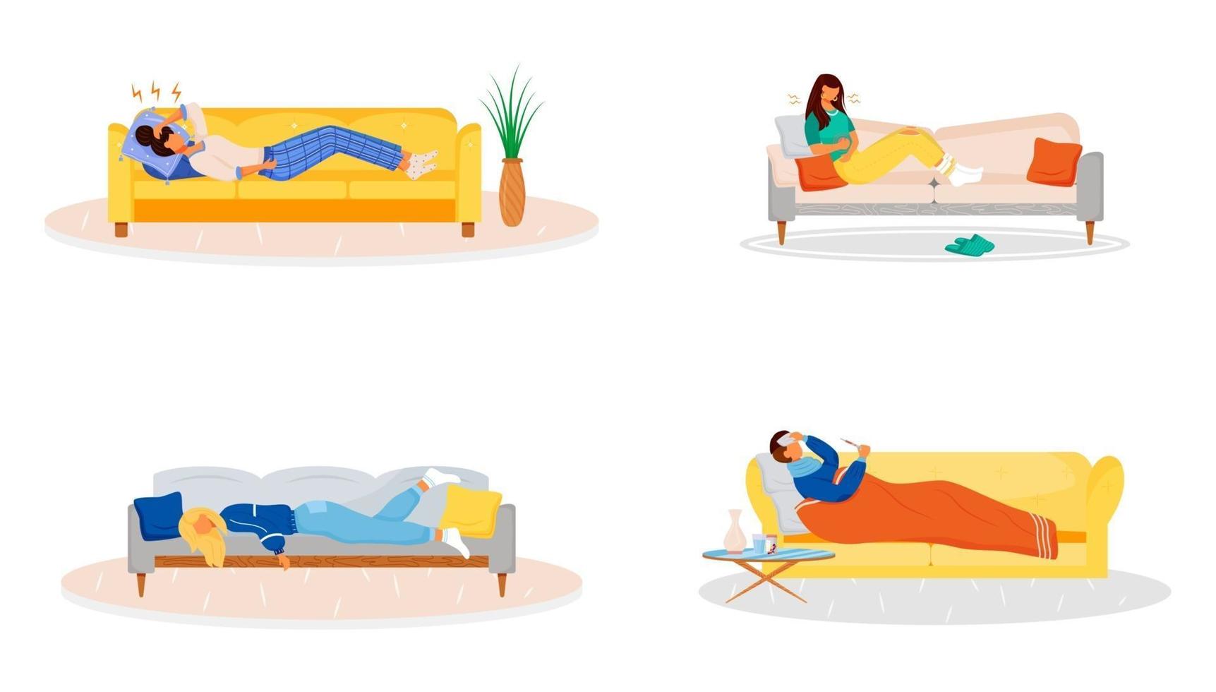 Lying on couch flat color vector faceless characters set. Sick people resting on sofa. Unwell man. Ill woman. Weakness from flu. Disease symptoms isolated cartoon illustrations on white background