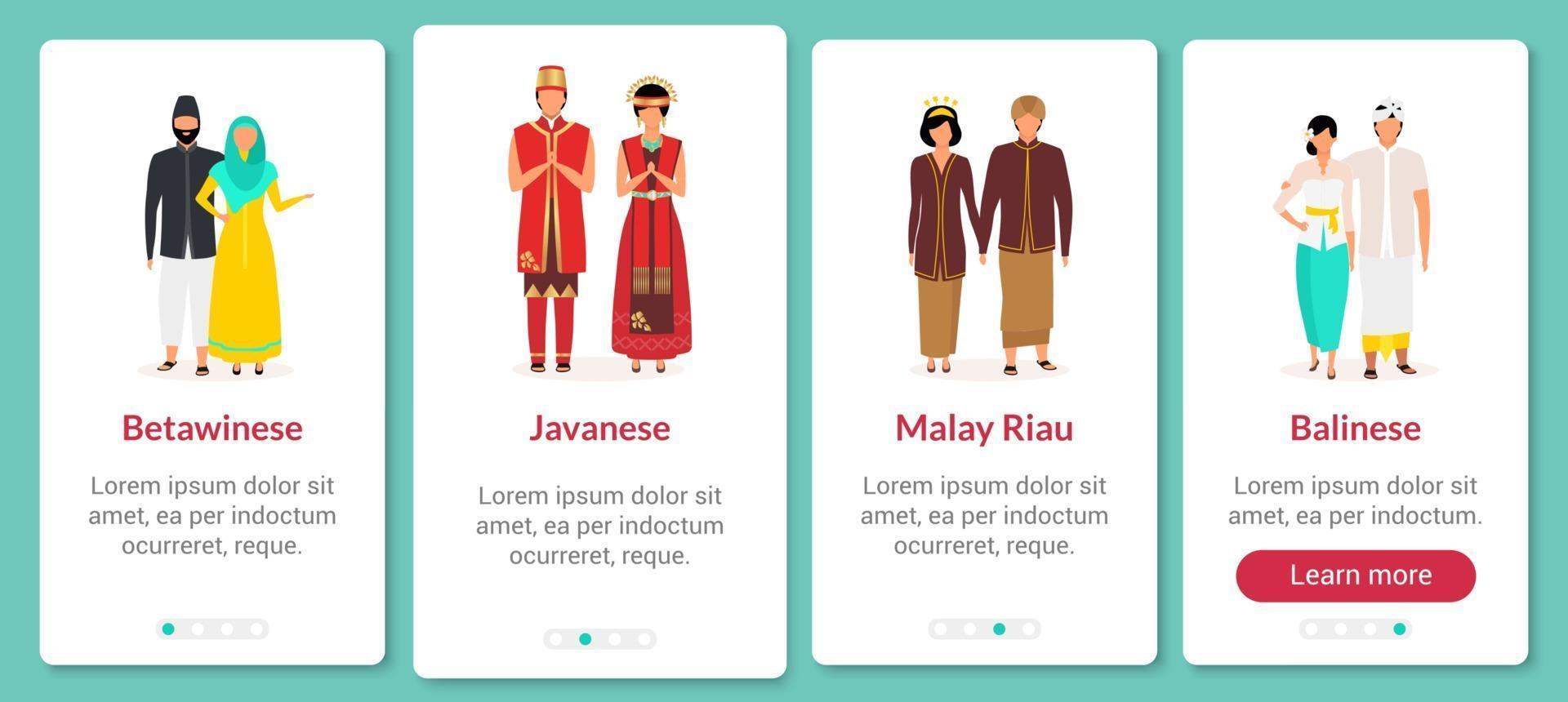 Plantilla de vector de pantalla de aplicación móvil de incorporación de grupos étnicos indonesios. cultura y tradiciones. paso a paso del sitio web con caracteres planos. concepto de interfaz de dibujos animados de smartphone ux, ui, gui