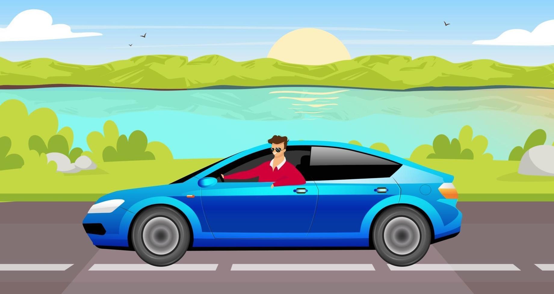 joven conduciendo sedán ilustración vectorial de color plano. Conductor feliz en personaje de dibujos animados 2d de coche azul con paisaje de lago en el fondo. Chico sonriente con gafas de sol en un viaje por carretera de verano vector