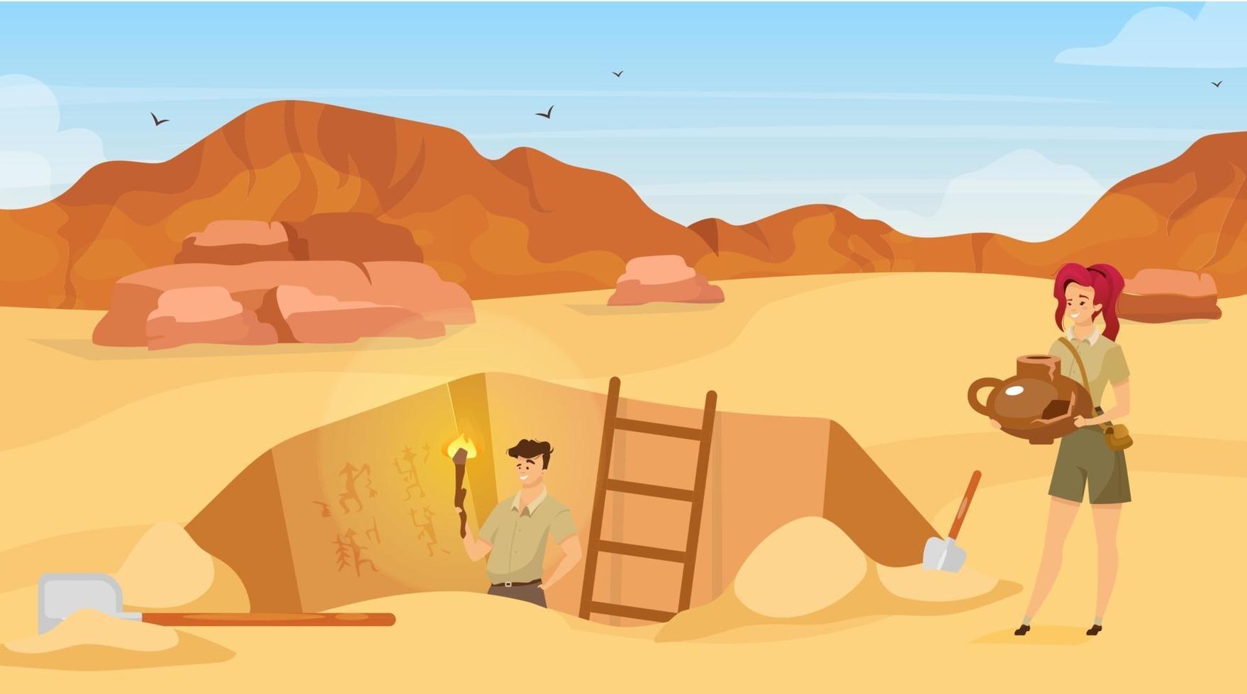 Excavation flat vector illustration. Archaeological site, man observe mural paintings. Sand desert. Egyptian wall pictures discovery. Ground hole in Africa. Expedition cartoon background