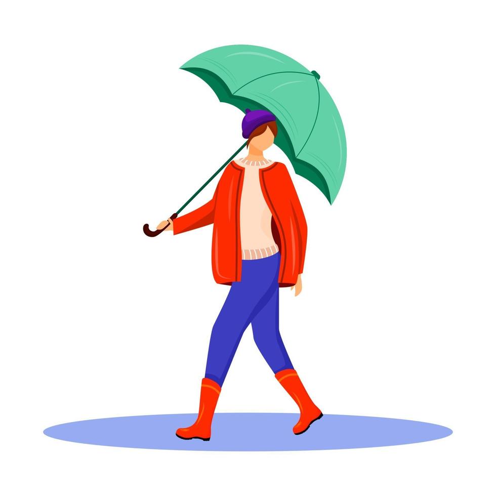 mujer en pulóver y chaqueta roja color plano vector personaje sin rostro. caminando dama caucásica en botas de goma. clima húmedo. Mujer con paraguas en la mano ilustración de dibujos animados aislado sobre fondo blanco.