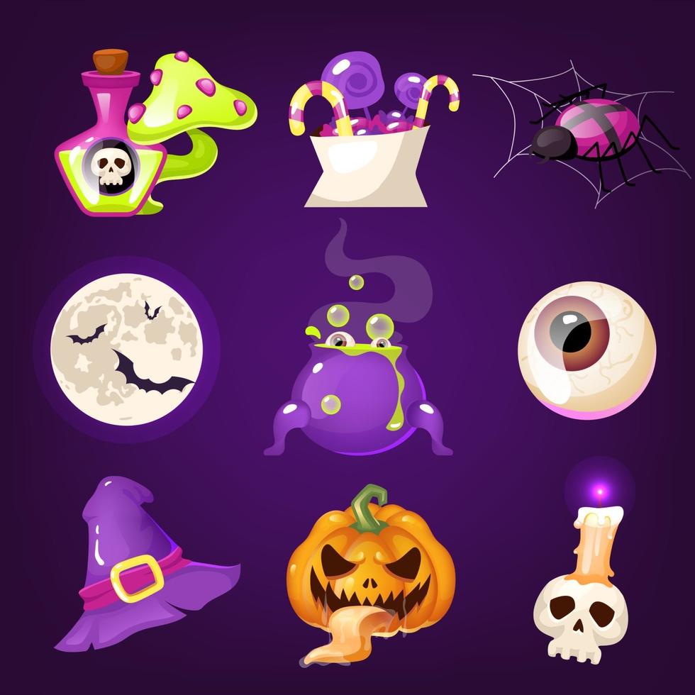 Halloween decoration cartoon vector set. Realistic spooky and scary items isolated on purple. Magic potion, treats, spider, pumpkin stickers. Witch hat, eye, skull and moon. Horror decor flat cliparts