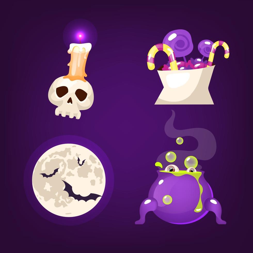 Halloween decoration cartoon vector set. Realistic spooky and scary items isolated on purple. Skull, sweets, moon and bats stickers. Witch cauldron with magic potion patch. Horror decor flat cliparts