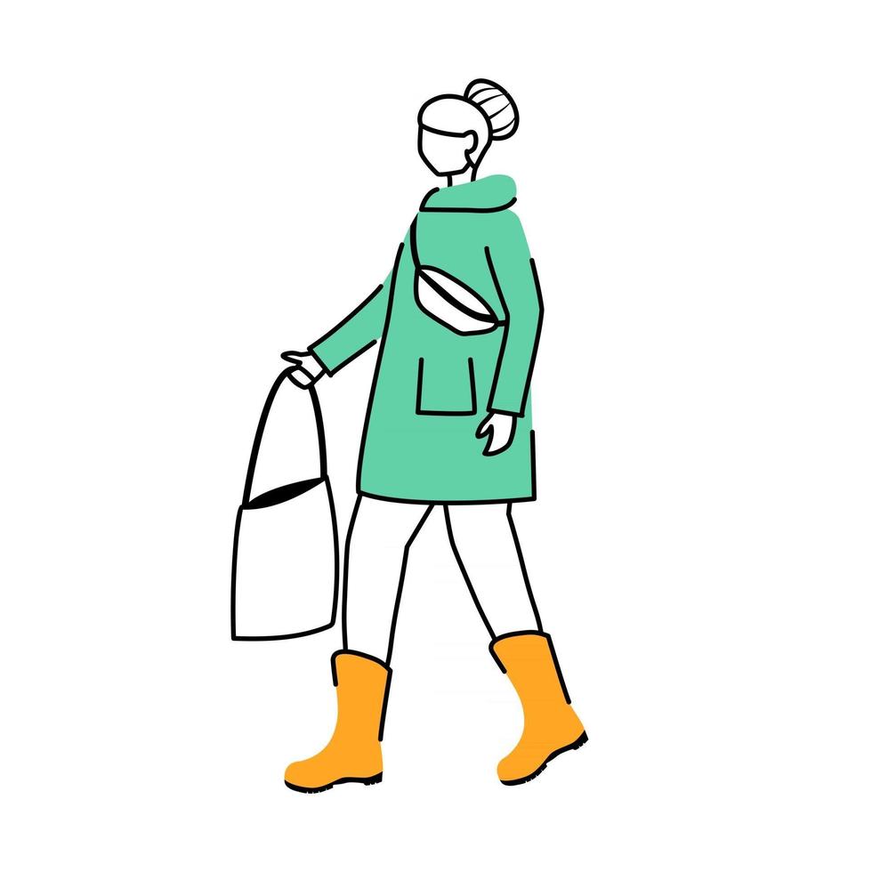 mujer en la ilustración de vector de contorno plano impermeable. clima húmedo. mujer con bolsa en mano personaje de contorno de dibujos animados aislado sobre fondo blanco. caminar dama en botas de goma dibujo simple