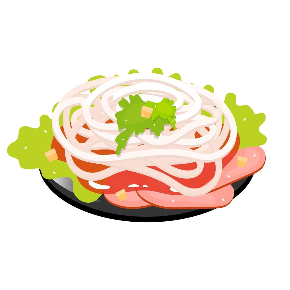 Carne de cerdo en rodajas con icono de color de cebolla dulce. guarnición asiática, ensalada. cocina tradicional oriental. pato pekin con condimento. comida china con carne y verduras. ilustración vectorial aislada vector