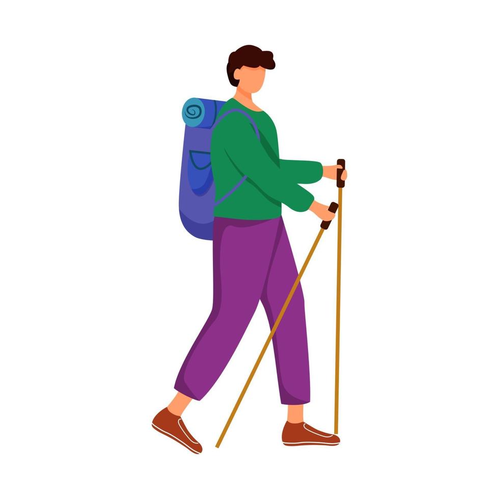 Man with hiking sticks flat vector illustration. Camping activity. Cheap travelling choice. Active vacation. Budget tourism. Walking tour isolated cartoon character on white background