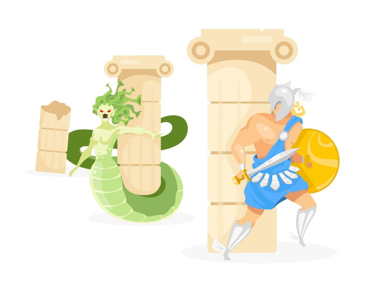 Perseus and Medusa flat vector illustration. Hero fighting fantastical creature. Half-woman, half-serpent monster. Greek mythology. Fight scene isolated cartoon character on white background