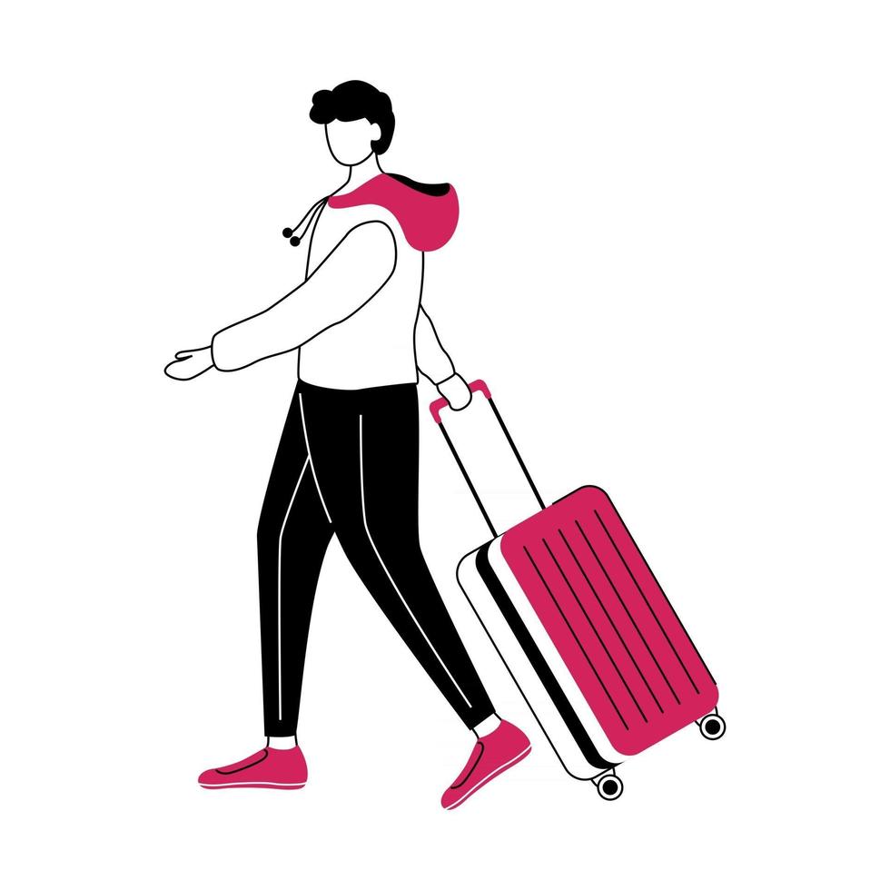 Boy tourist with suitcase flat contour vector illustration. Travelling abroad isolated cartoon outline character on white background. Man going on trip. Budget tourism simple drawing