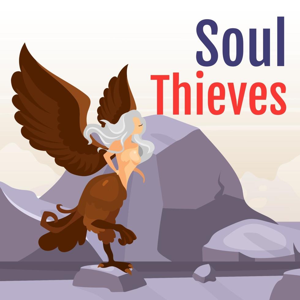 Soul thieves social media post mockup. Greek mythological creature. Harpy on mountain. Half-woman beast. Web banner design template. Social media booster, content layout. Poster flat illustrations vector