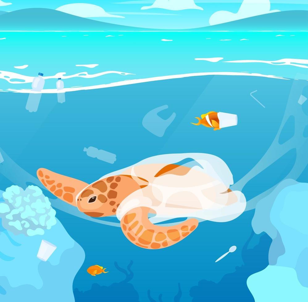 Turtle trapped in plastic garbage flat vector illustration. Sea pollution problem. Ecological catastrophe. Water contamination, nature damage. Marine animal in ocean cartoon character