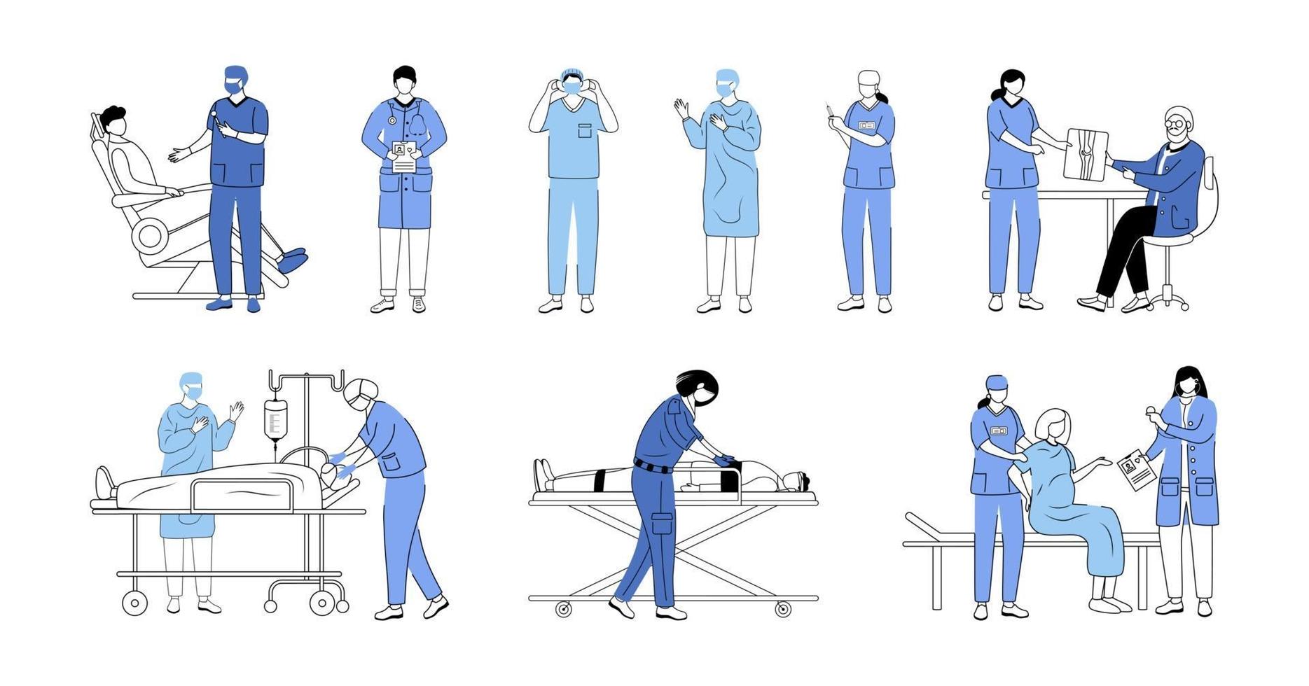 Doctors flat vector illustrations set. General practitioners, therapists, surgeons isolated cartoon characters on white. Resuscitation, first aid and surgical operation. Medicine and healthcare